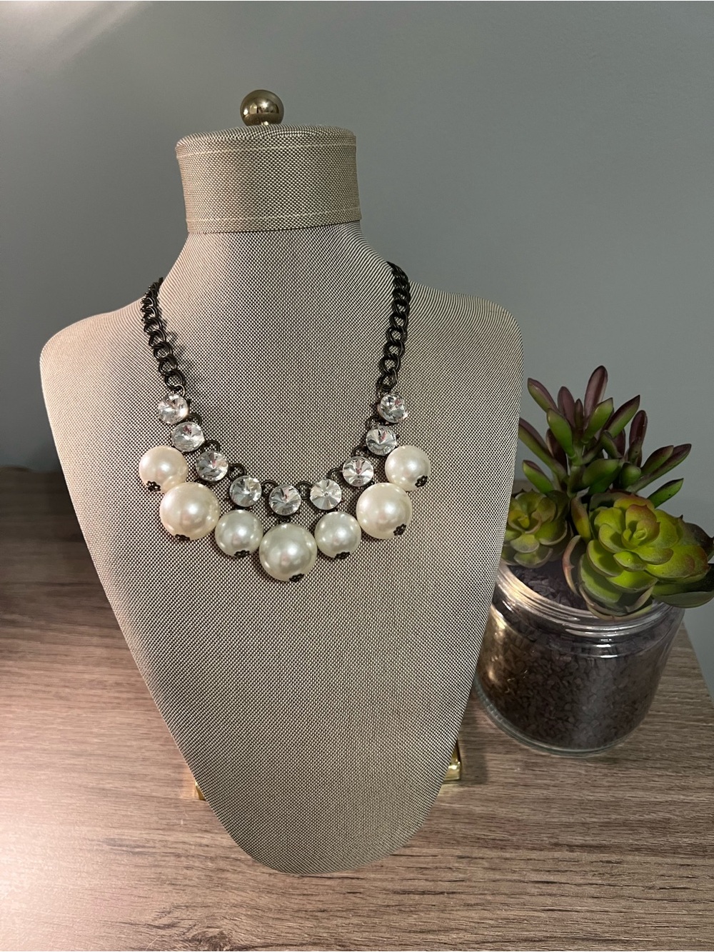 PLUNDER DESIGN Statement Pearl and Crystal Necklace in White and Silver